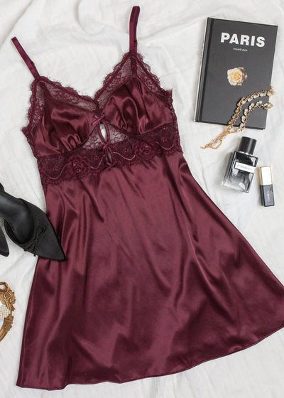 Satin & Eyelash Lace Slip - Cherry Lacquer