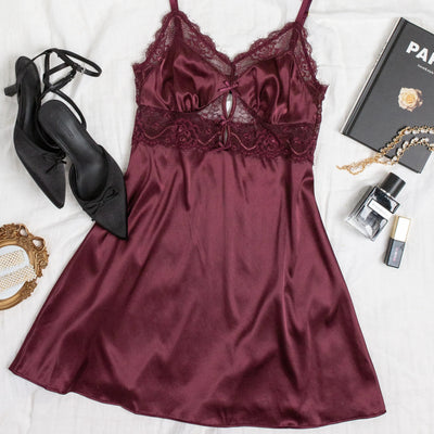 Satin & Eyelash Lace Slip - Cherry Lacquer