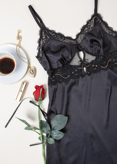 Satin & Eyelash Lace Two Toned Slip - Black