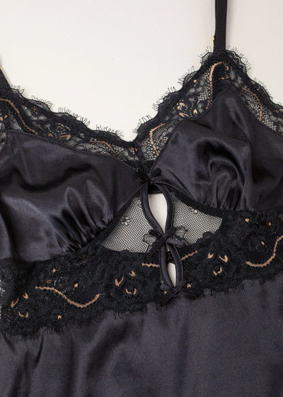 Satin & Eyelash Lace Two Toned Slip - Black