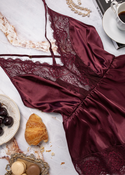 Lacy Plunge Satin Scalloped Romper - Cherry Lacquer