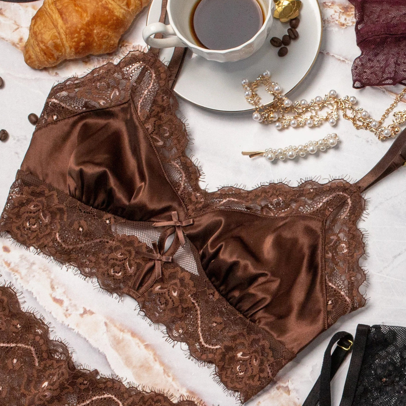 Lacy Satin Keyhole Bralette - Chocolate