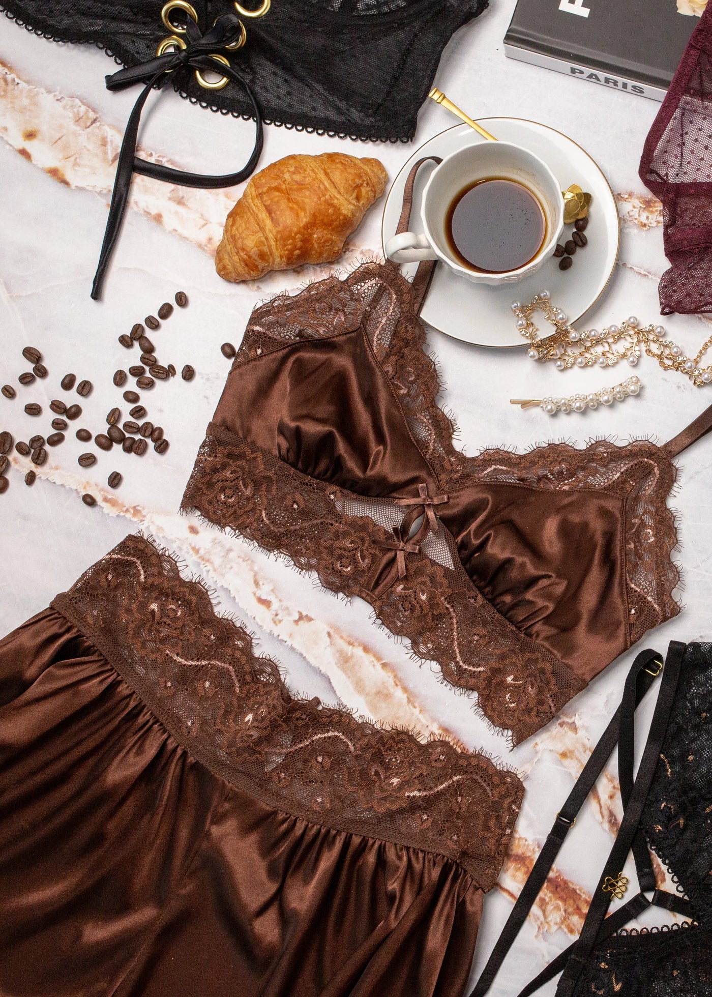 High Waist Lacy Satin Tap Shorts - Chocolate