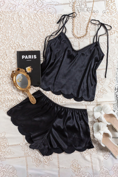 Scalloped Embroidered Satin Cami - Black