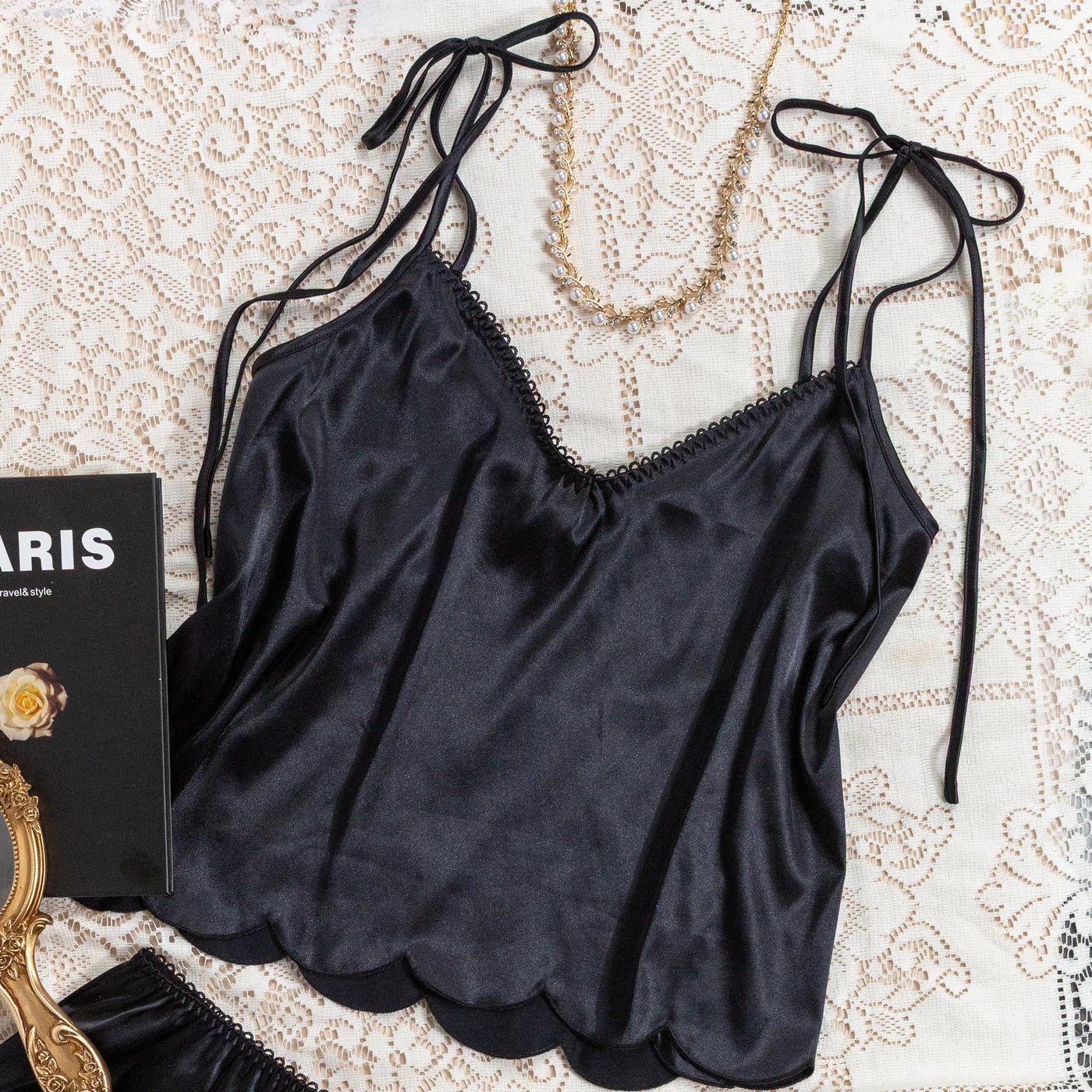 Scalloped Embroidered Satin Cami - Black