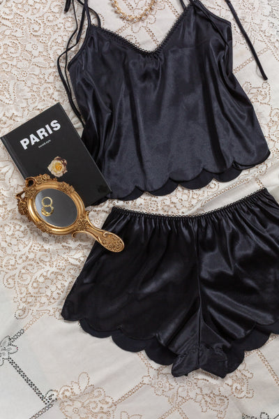 Scalloped Embroidered Satin Shorts - Black