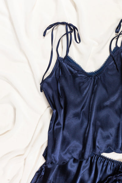 Scalloped Embroidered Satin Cami - Navy