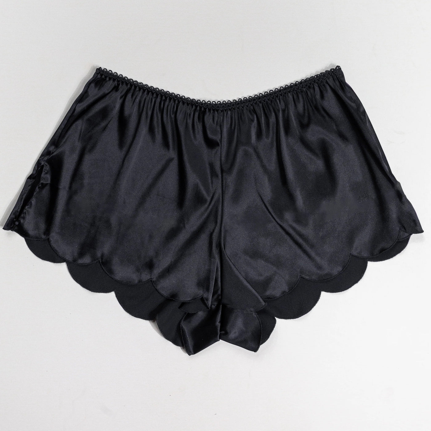 Scalloped Embroidered Satin Shorts - Black