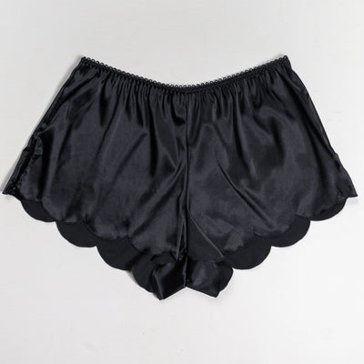 Scalloped Embroidered Satin Shorts - Black