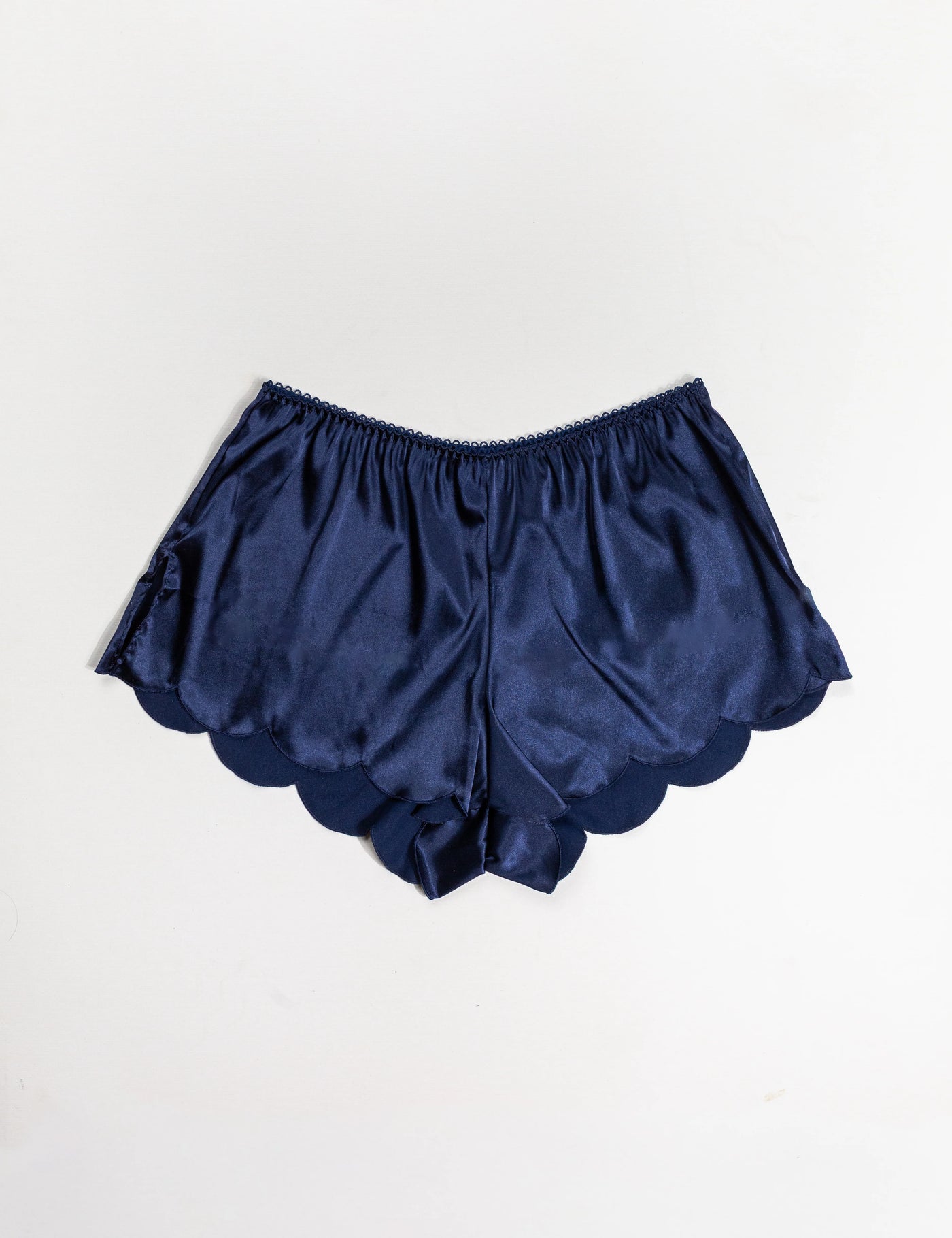 Scalloped Embroidered Satin Shorts - Navy