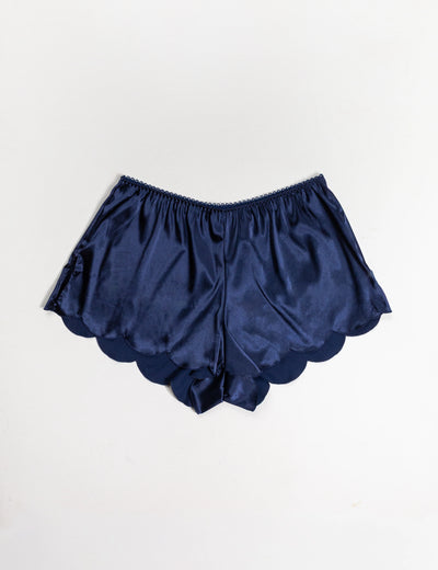 Scalloped Embroidered Satin Shorts - Navy