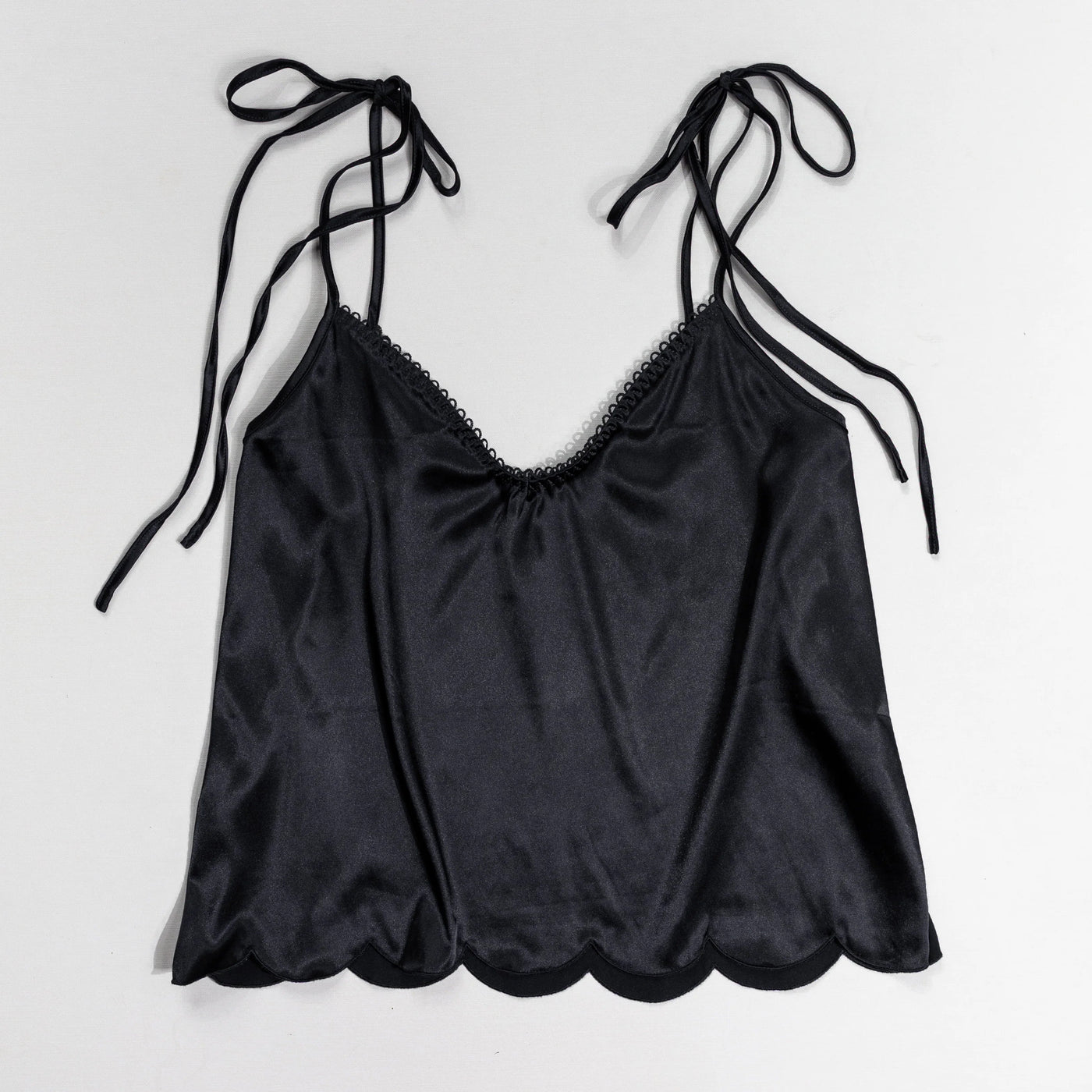 Scalloped Embroidered Satin Cami - Black