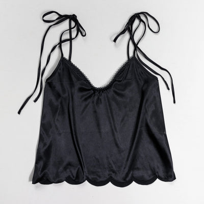 Scalloped Embroidered Satin Cami - Black