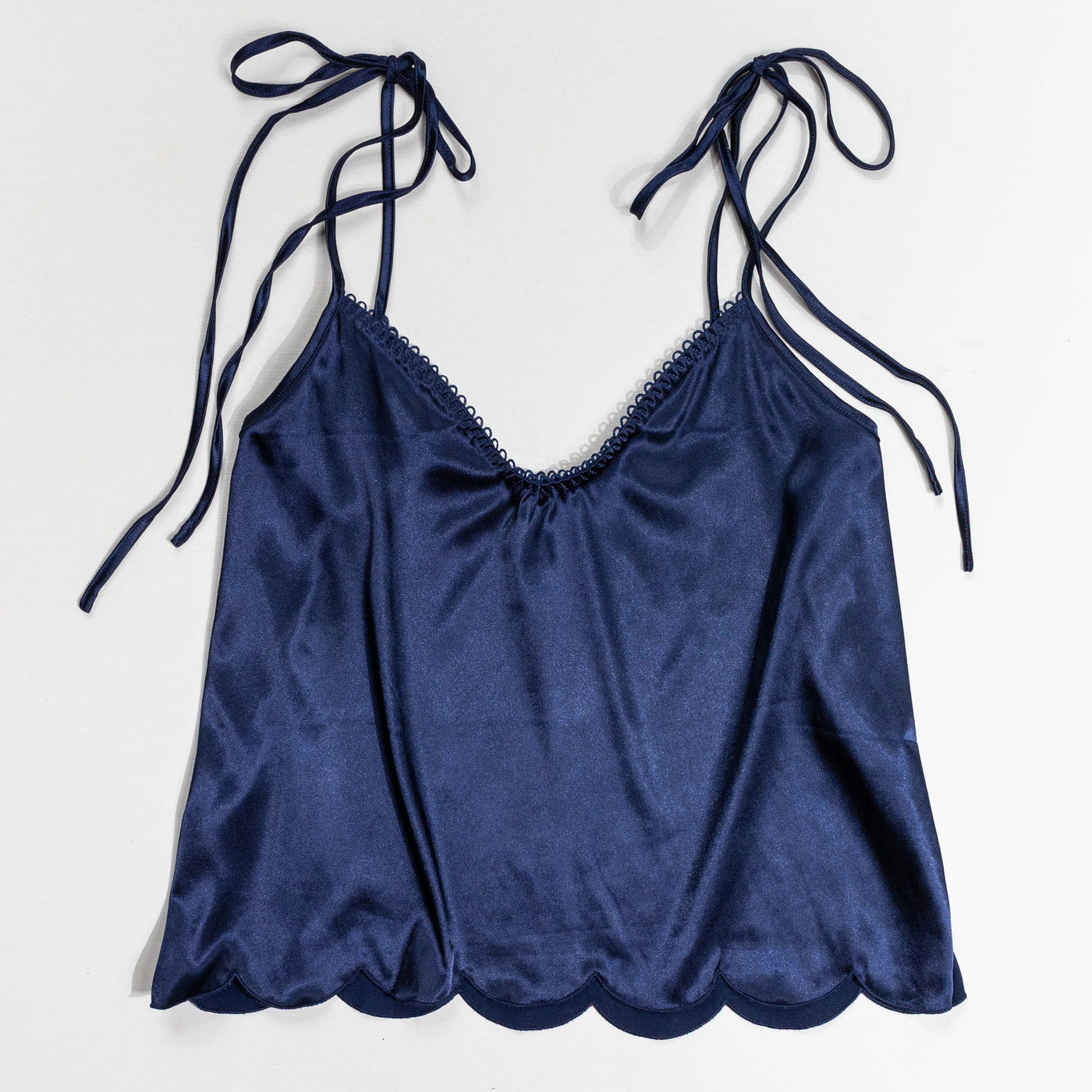 Scalloped Embroidered Satin Cami - Navy