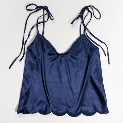 Scalloped Embroidered Satin Cami - Navy