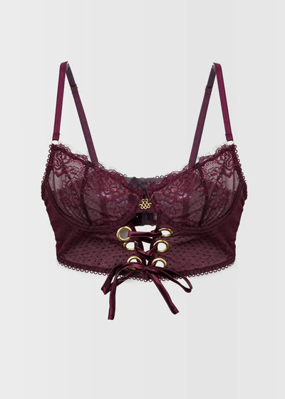 Eyelash Lace Underwire Lace Up Bustier - Cherry Lacquer