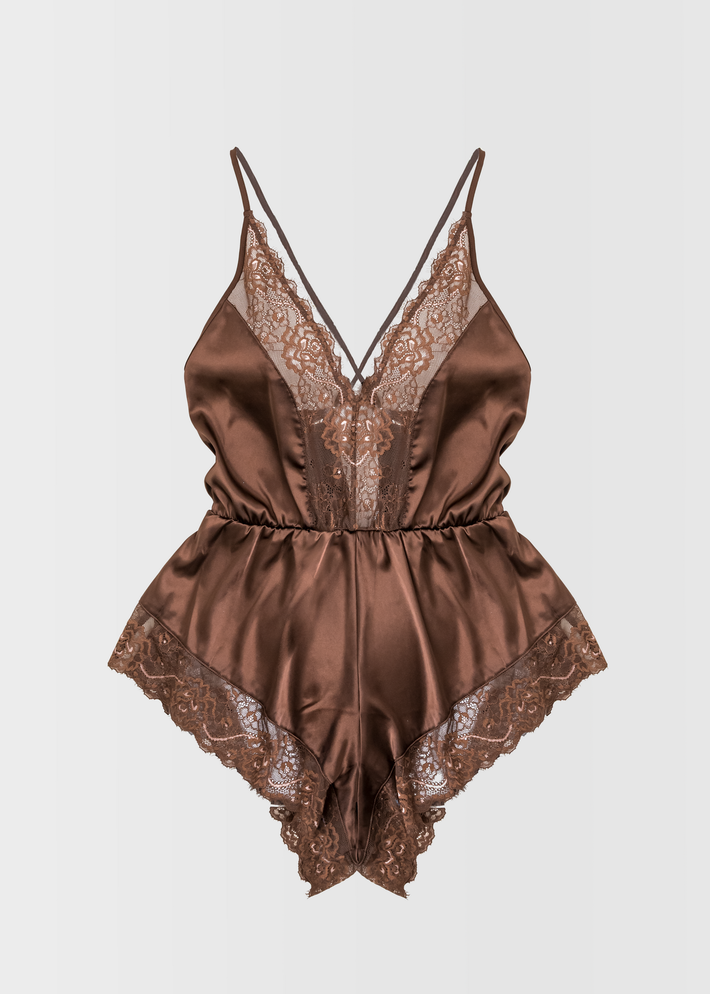 Lacy Plunge Satin Scalloped Romper - Chocolate