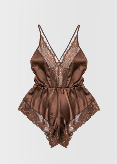 Lacy Plunge Satin Scalloped Romper - Chocolate