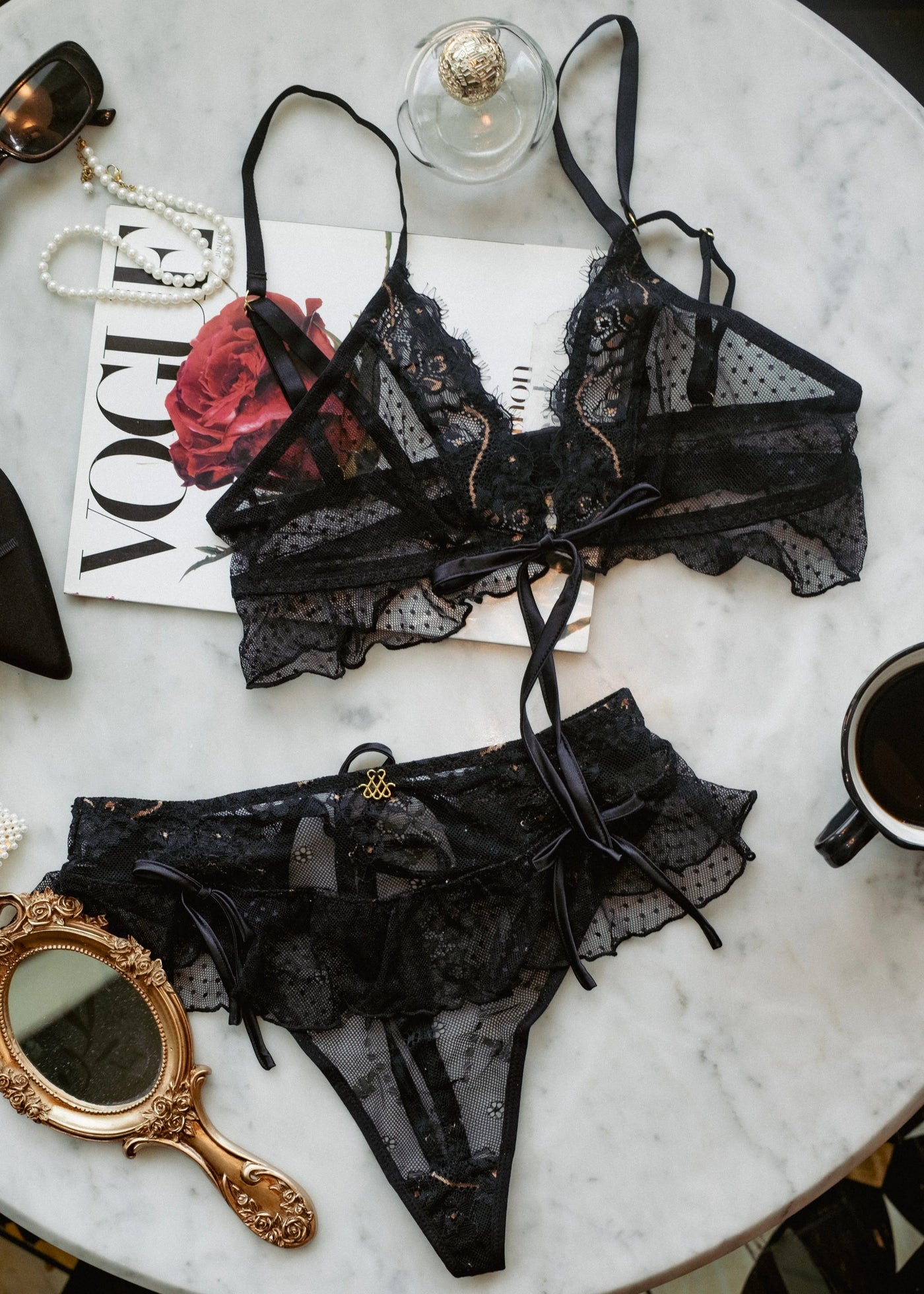 Lace & Mesh Ruffle Bralette - Black