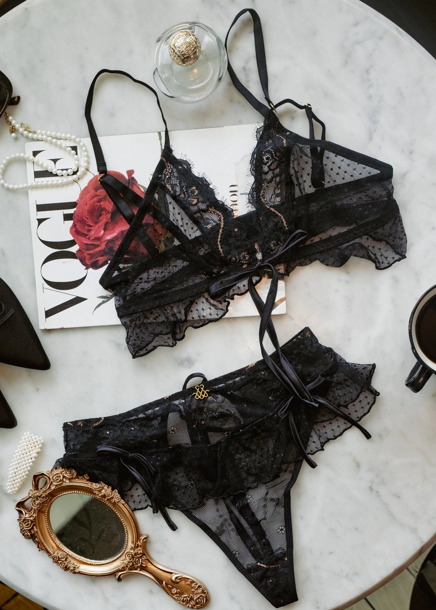 Lace & Mesh Ruffle Bralette - Black