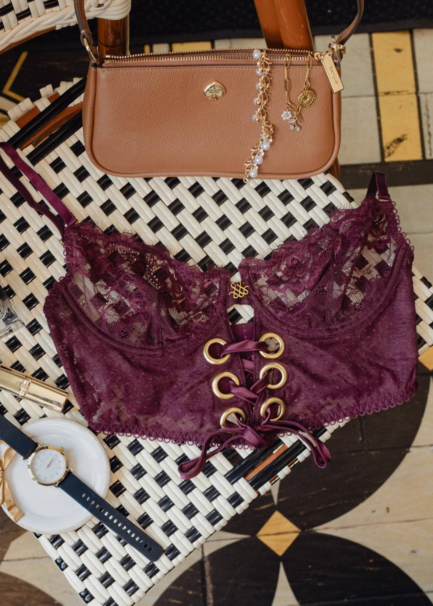 Eyelash Lace Underwire Lace Up Bustier - Cherry Lacquer