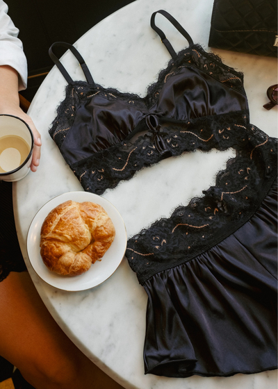 High Waist Lacy Satin Tap Two-Toned Shorts - Black