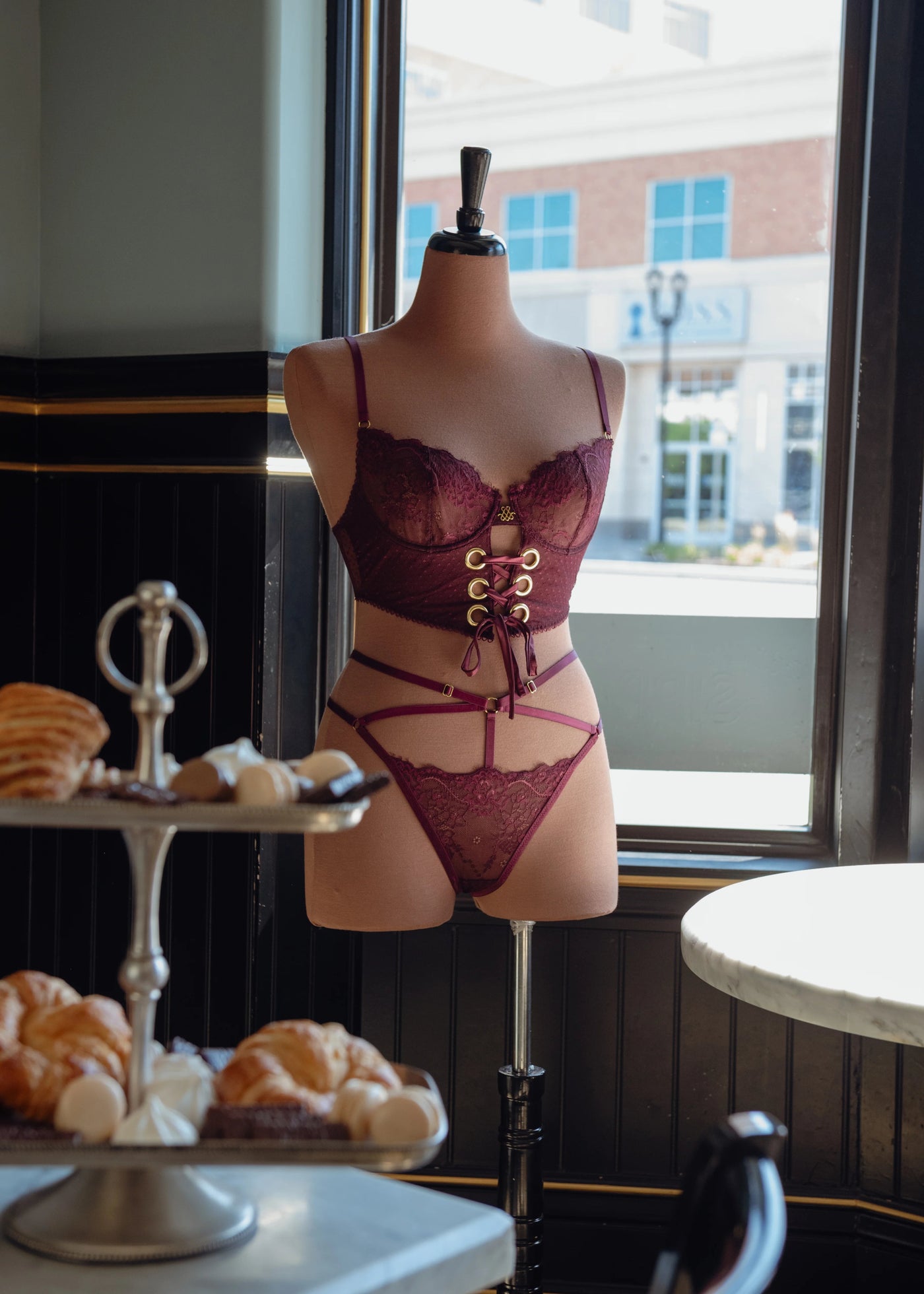 Eyelash Lace Underwire Lace Up Bustier - Cherry Lacquer