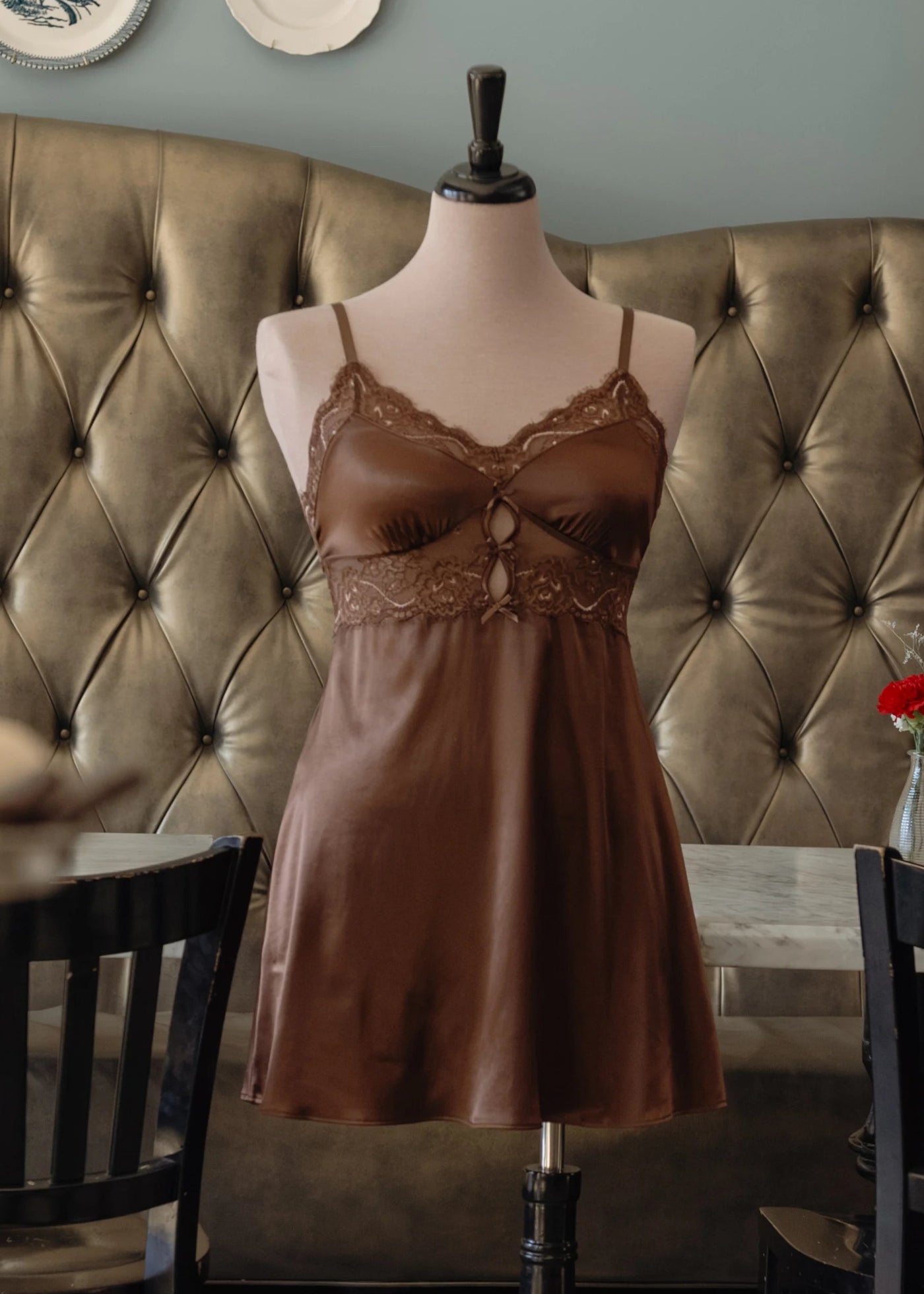 Satin & Eyelash Lace Slip - Chocolate