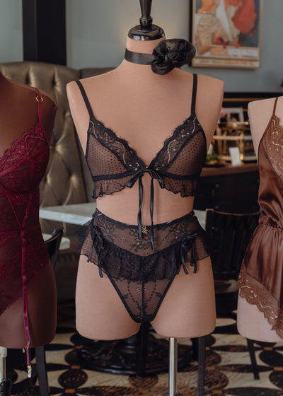 Lace & Mesh Corset Waist Panty - Black