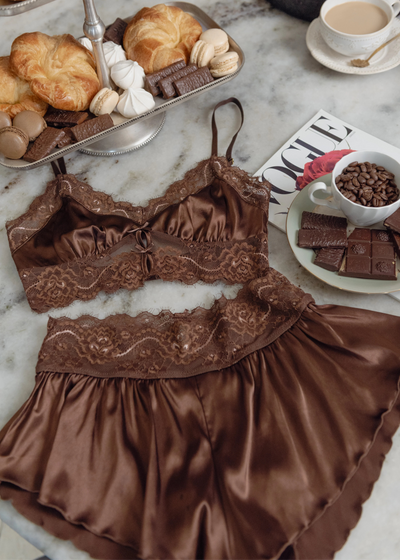 High Waist Lacy Satin Tap Shorts - Chocolate