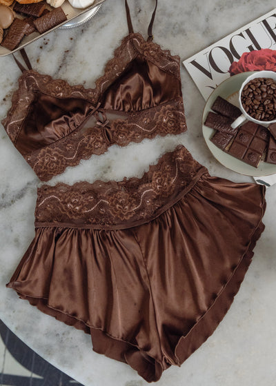 High Waist Lacy Satin Tap Shorts - Chocolate