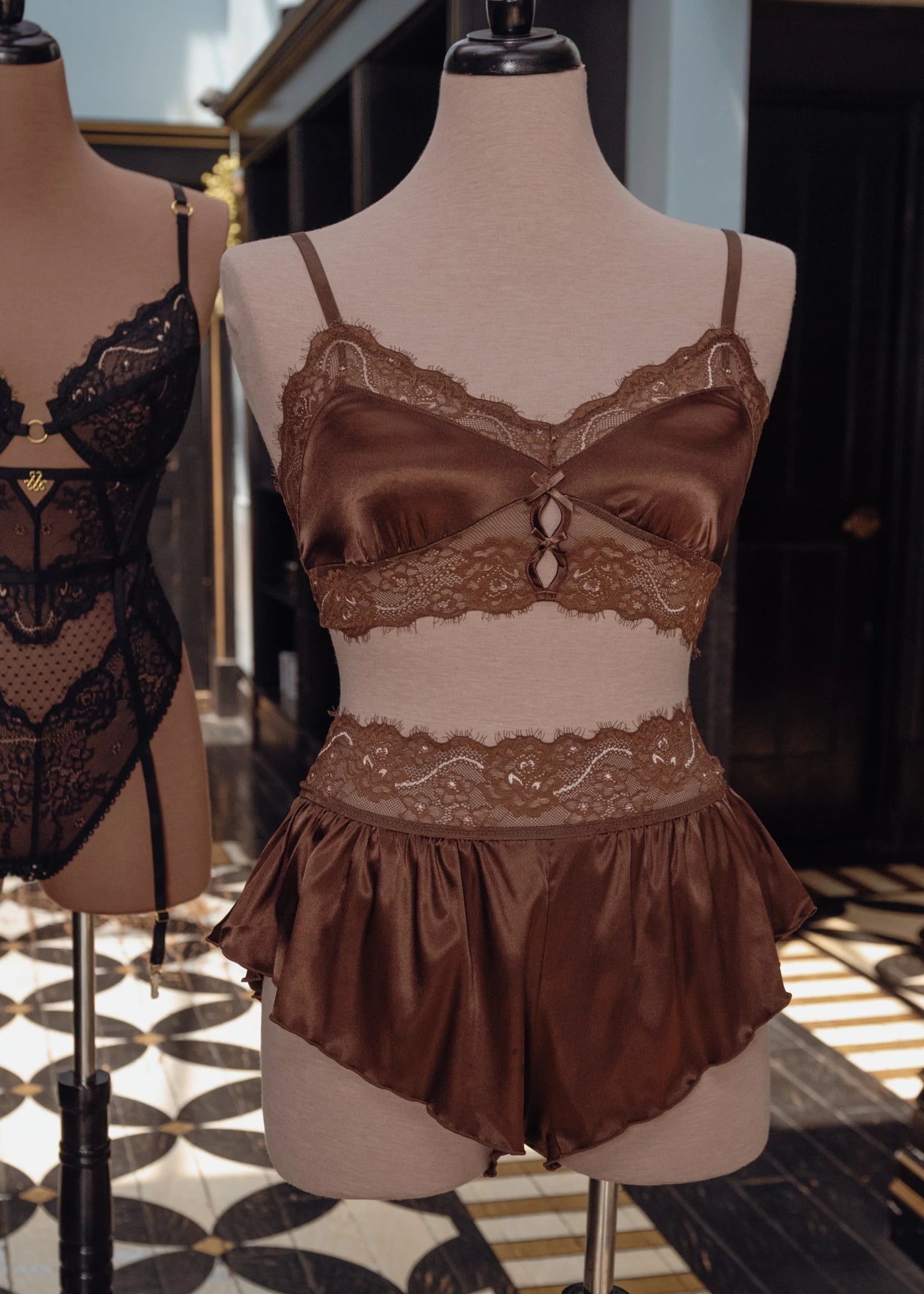 High Waist Lacy Satin Tap Shorts - Chocolate