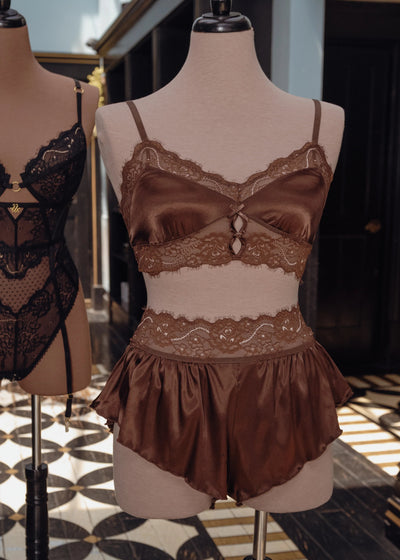 High Waist Lacy Satin Tap Shorts - Chocolate