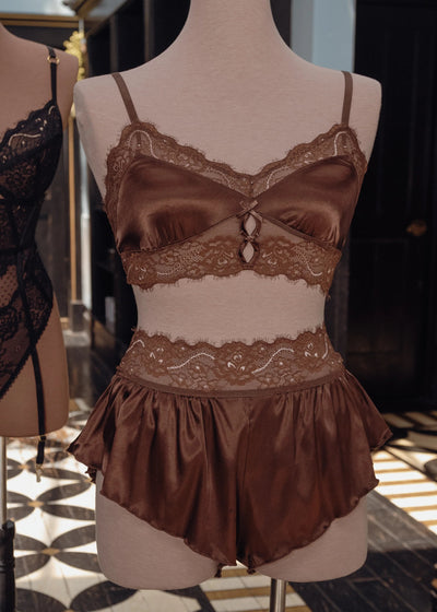 Lacy Satin Keyhole Bralette - Chocolate
