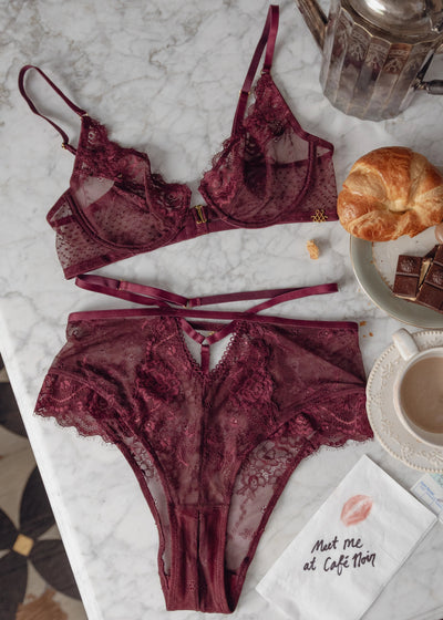 Strappy High Waist Crotchless Panty - Cherry Lacquer