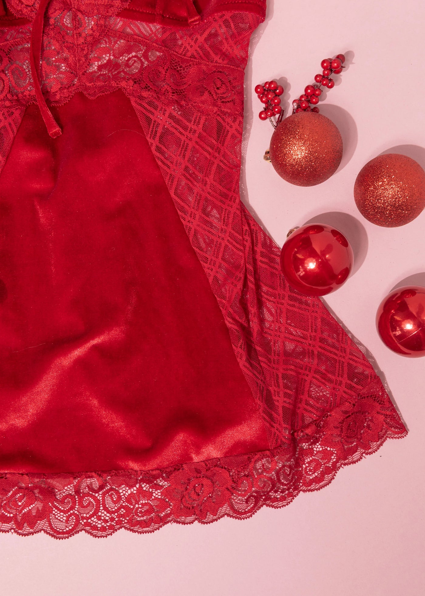 Lace & Velvet Strappy Babydoll - Red