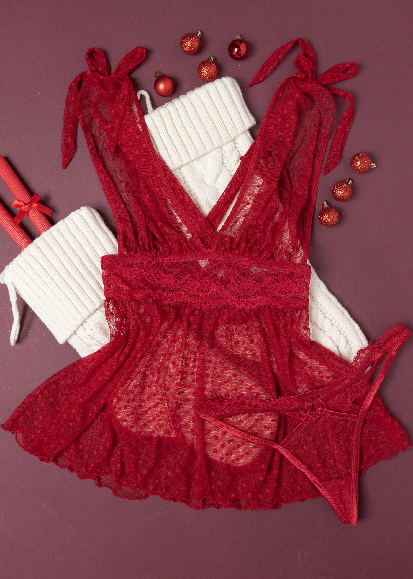 Polka Dot Mesh Babydoll - Red