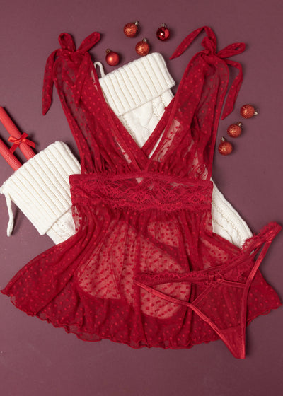 Polka Dot Mesh Babydoll - Red