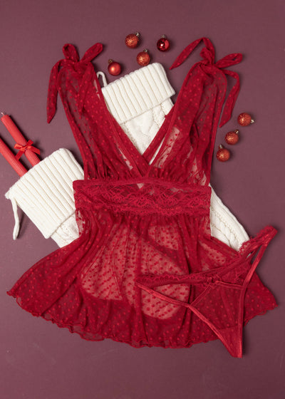 Lacy Cutout Thong - Red