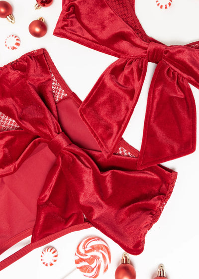 High Waist Velvet Open Back Panty - Red