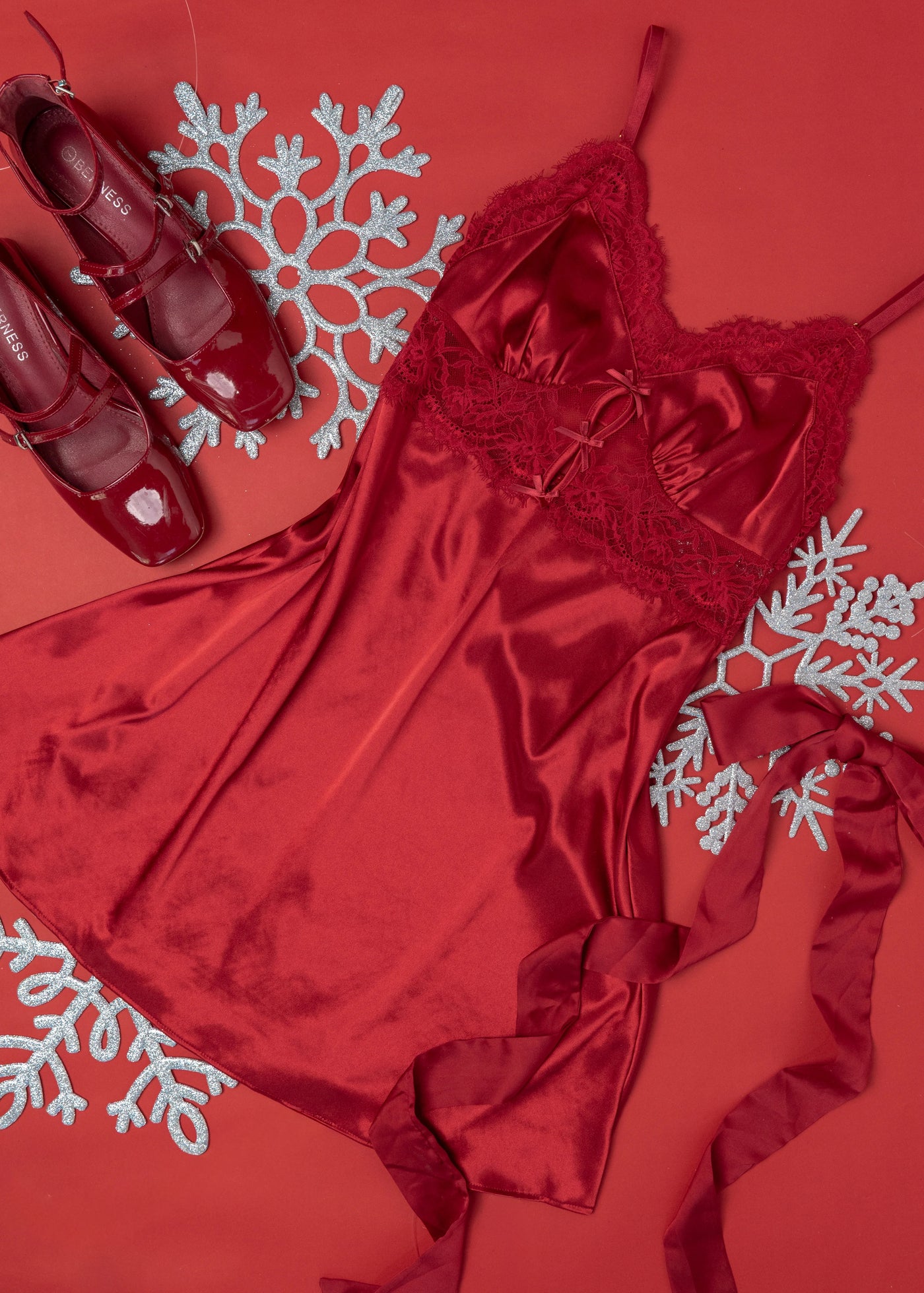 Satin & Eyelash Lace Slip - Red