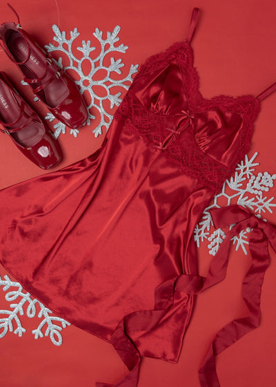 Satin & Eyelash Lace Slip - Red