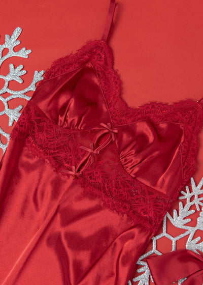 Satin & Eyelash Lace Slip - Red