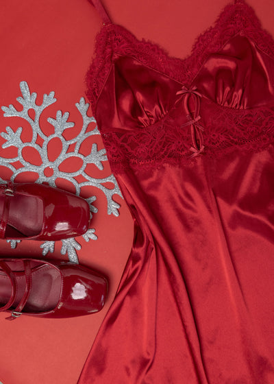 Satin & Eyelash Lace Slip - Red