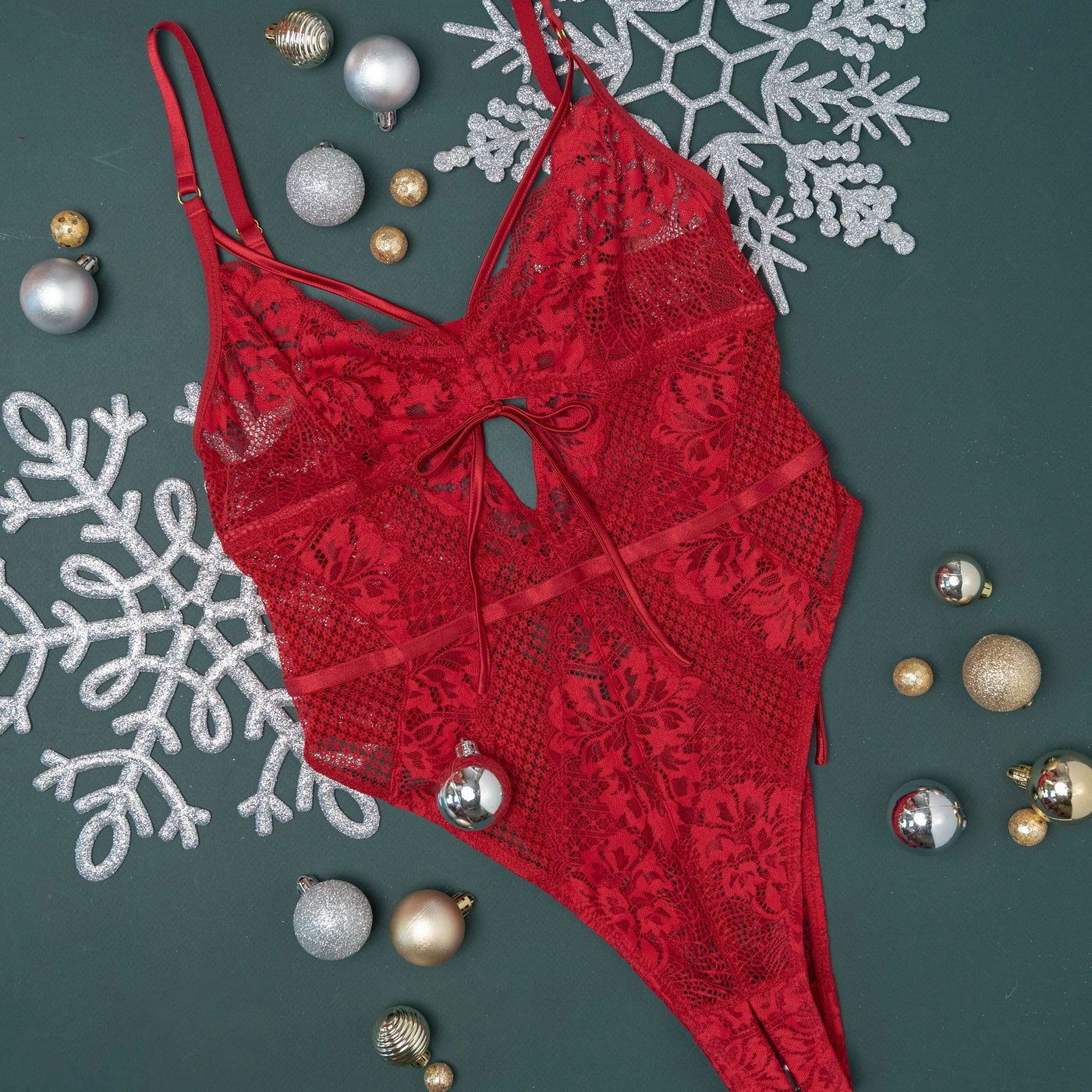 Lacy Caged Crotchless Teddy - Red