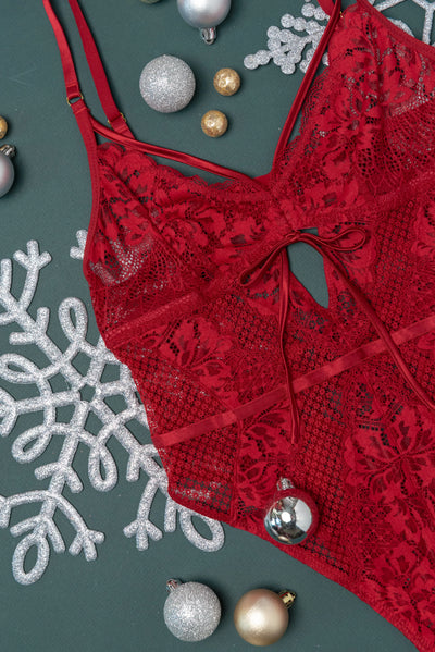 Lacy Caged Crotchless Teddy - Red