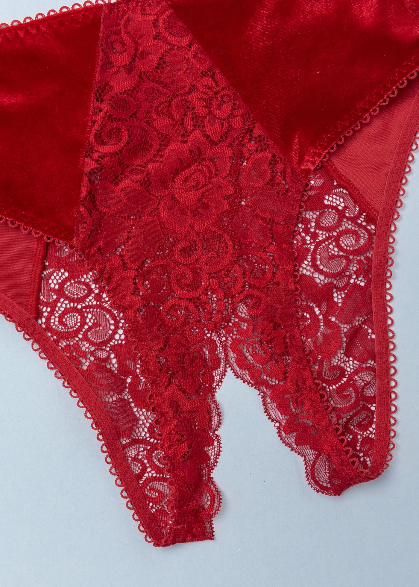 Lace & Velvet Crotchless Hipster Panty - Red