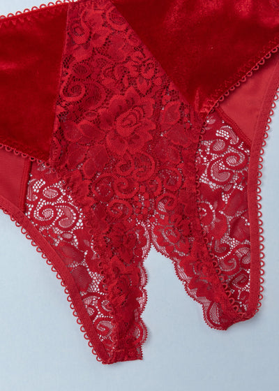Lace & Velvet Crotchless Hipster Panty - Red