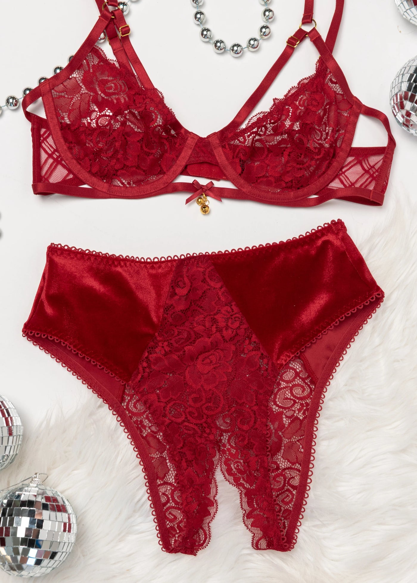 Lace & Velvet Crotchless Hipster Panty - Red