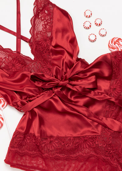  Lacy Satin Bow Romper - Red